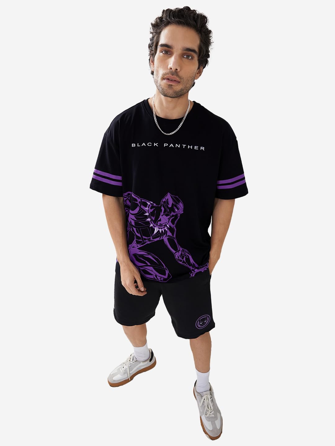 The Souled Store Official Black Panther Panther Power Black Oversized T Shirts for Men Baggy Off-Shoulder Loose Fit Relaxed Drop Shoulder Half Sleeve Round Neck Back Printed