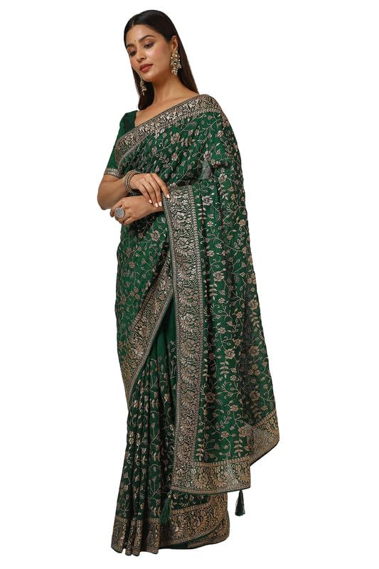 Soch Womens Green Tussar Embroidered Saree With Tassels