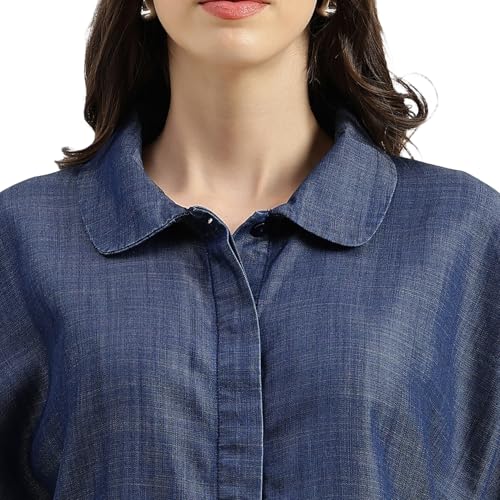 United Colors of Benetton Regular Fit Peter Pan Collar Solid Tencel Top (Size: M) - 26P5TOPTNC02I902 Blue