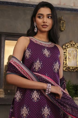 BIBA Women Purple Chanderi Digital Printed Garara Straight Suit Set_36