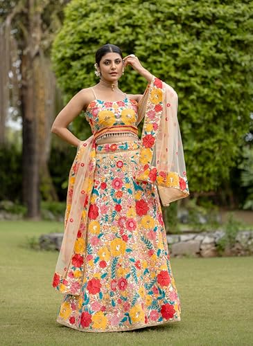 AG Clothing Women's Georgette Semi Stitched Lehenga Choli With Dupatta | Thread And Sequin Embroidery Pattern | Traditional, Wedding, Ethnic Wear Lehenga (AD-324eli-Beige)