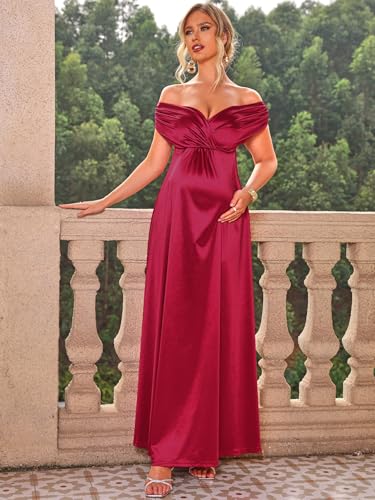 Marivoné® Off Shoulder Maternity Maxi Dress | V Neck Flowy Pregnancy Gown for Photoshoot | Baby Shower Dress | L | Red