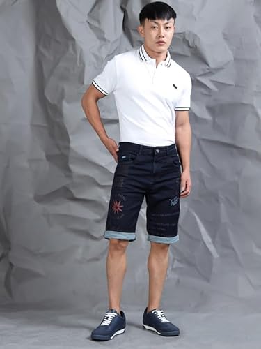 BEEVEE Men’s Cotton Navy Text Printed Casual Shorts | 100% Yarn Dyed Structured Fabric, Mid Rise, Knee Length with Button Closure