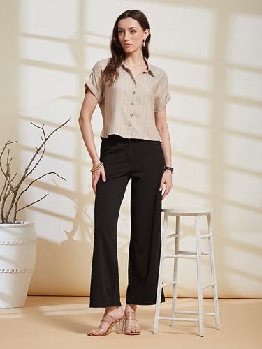 Latin Quarters Women's Beige Striped Collared Cap Sleeve Casual Shirt_M