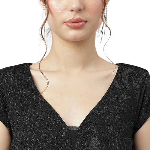 Latin Quarters Women Black V-Neck Short Sleeves Solid A-Line Dress L