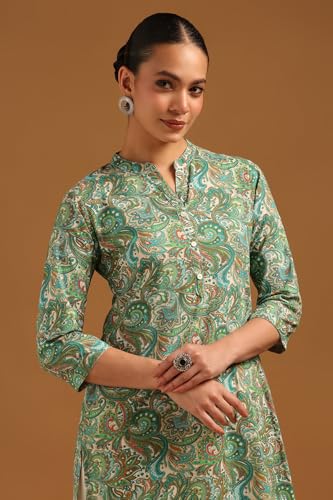 Soch Womens Teal Green Cotton Flex Botanical Kurta