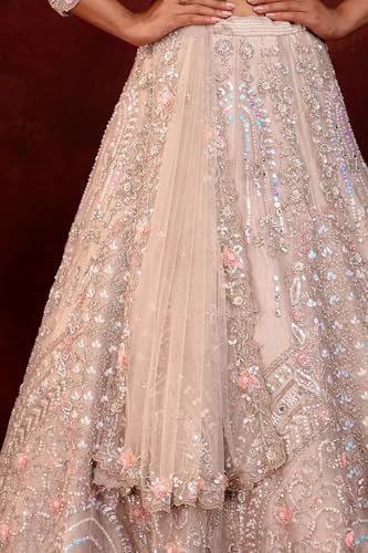 Women's Light Pink Stone Embroidered Tissue Bridal Lehenga