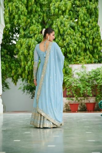Mehervaa by vinni Women's Anarkali Gown with Dupatta, Sky Blue, Embroidered Golden Border, Long Sleeve, Ethnic (in, Alpha, L, Regular)