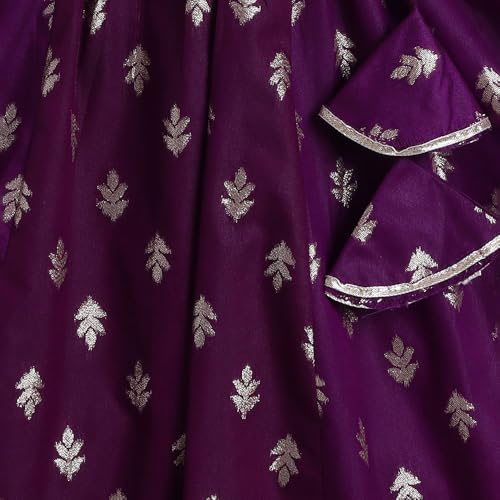 Hopscotch Girls Short Sleeves Purple 3-Pc Jacquard Lehenga Choli Set For Age (4-5 Years)