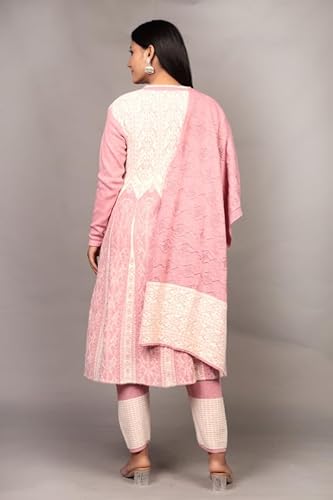 The Zigar Studio Woolen Kurta Set With Pants and Dupatta - Stitched Embroidery Suit Set with Pants and Dupatta-Floral Embroidery Woolen Kurta Set for Women Pk-Fullhair-Pink-L