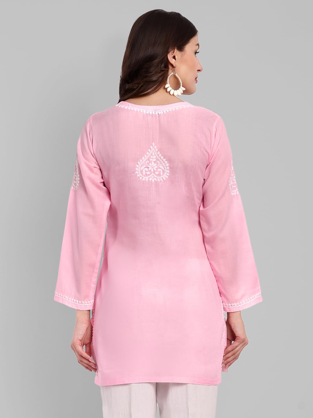 Ada Hand Embroidered Lucknowi Chikankari Cotton Straight Short Top Kurti for Women A911345 Powder Pink (4XL)