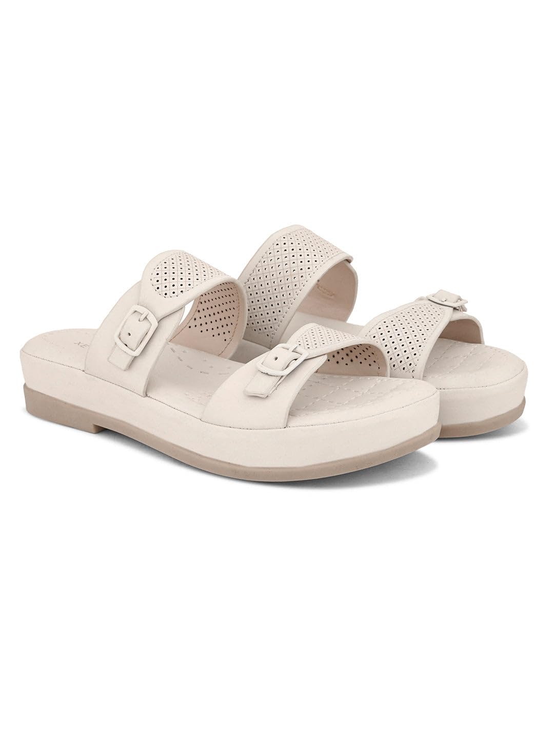 XE Looks Elegant Light Cream Stylish Buckle Sandals - Perforated Comfort for Everyday Style