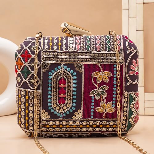 Artklim Light Purple Based Sequins And Threadwork Embroidery Clutch Bag for Women