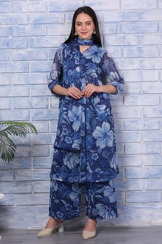 W for Woman Blue Floral Printed Lace Chiffon Straight Kurta, Parallel Pants and Dupatta Set (Size: 3XL)-WS13055-126479