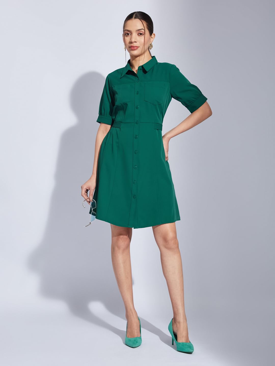 Latin Quarters Women Green Collared Half Sleeves Solid A-Line Shirt Dress for Casual Wear