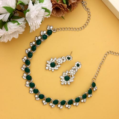 Atasi International Silver Plated Emerald Green Crystals Women's Necklace Set | Jewellery Set With Earrings | RDG5764
