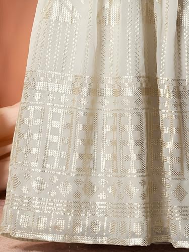 Zeel Clothing Women's Sequins Thread Embroidered Georgette Semi Stitched Lehenga Choli With Dupatta (5115-White-Wedding-Stylish-Latest; Free Size)