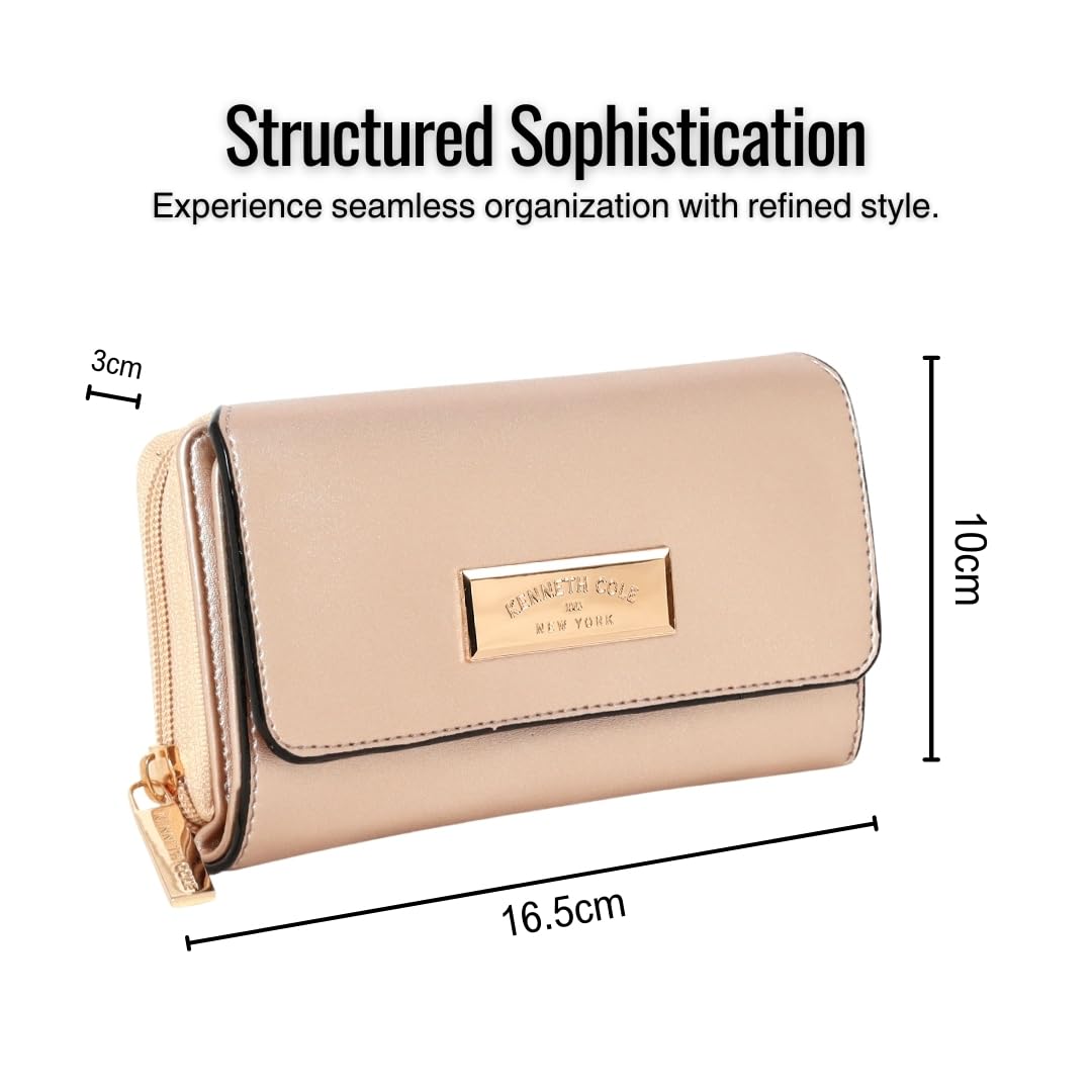 KENNETH COLE Ladies Front Flap Wallet | Women's Tri-fold Clutch Organizer with a Wide 3-Quarter Opening Zip-Around Compartment | Premium PU Leather | Sturdy, Stylish & Secure, GOLD