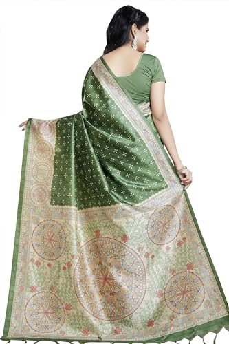 RANI SAAHIBA Women's Printed Art Tussar Silk Madhubani Saree With Blouse Piece (SKR11664_Olive Green)