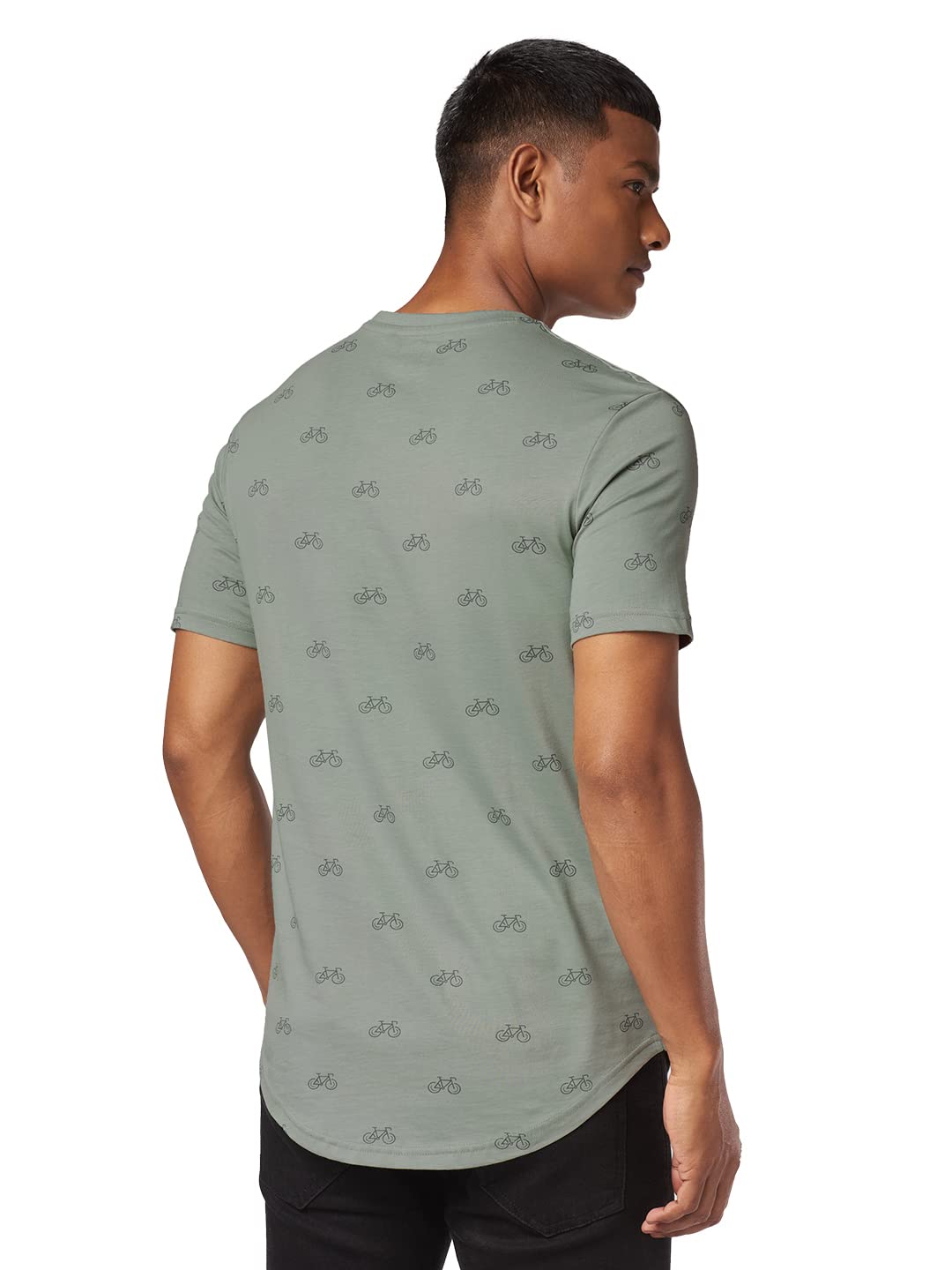 The Souled Store Men Cycle Pattern Sage Green Printed Supima Drop Cut T-Shirts (XX-Large) Supima Drop Cut T-Shirts Fashionable Trendy Graphic Prints Pop Culture Merchandise