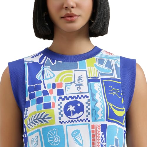 United Colors of Benetton Round Neck Printed Dress (Size : XS) - 26P3BL0DV01RG902 Blue