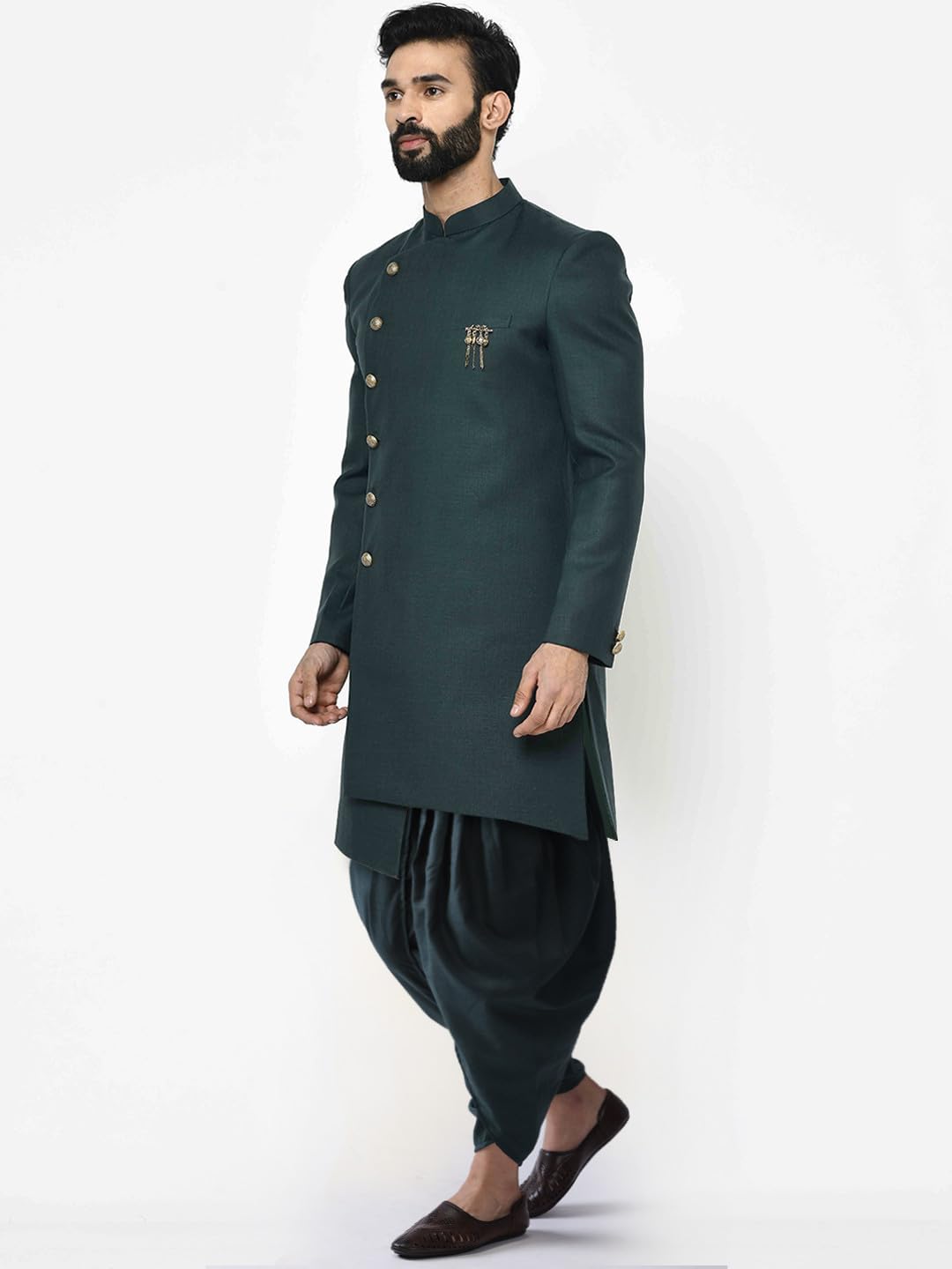 KISAH Men's Indo-Western Sherwani Dhoti Set, Green Cotton Blend, Solid Dyed Regular Fit Long Sleeves Mandarin Collar (42)