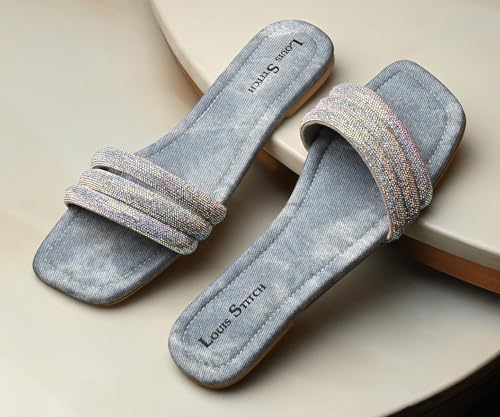 LOUIS STITCH Women’s Fashion Flat Slip-On Sandals | Open Toe Blue Shiny Strap Flat Slipper for Ladies | UK-6
