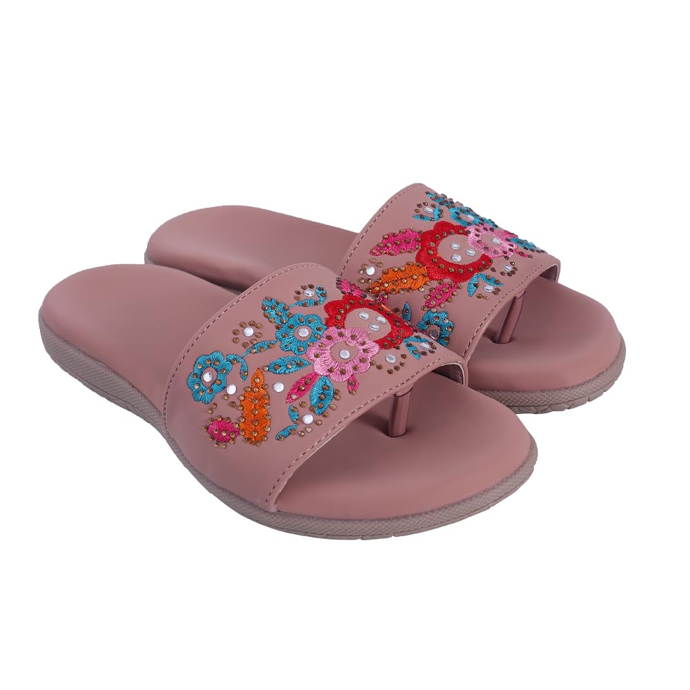 Pluxh Women Embroidered Slide Sandals | Ethnic Floral Slip-On Flats for Women | Comfortable Casual Daily Wear Fashion Sliders|5UK