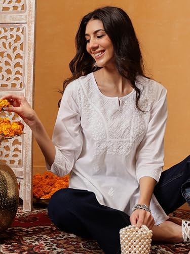 Ada Lucknowi Hand Embroidered Chikankari Cotton Short Kurta Kurti Tunic Top for Women A911364 White (L)
