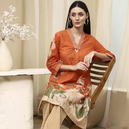 Biba Women Orange Cotton Blend Schiffli Straight Kurta Set_38