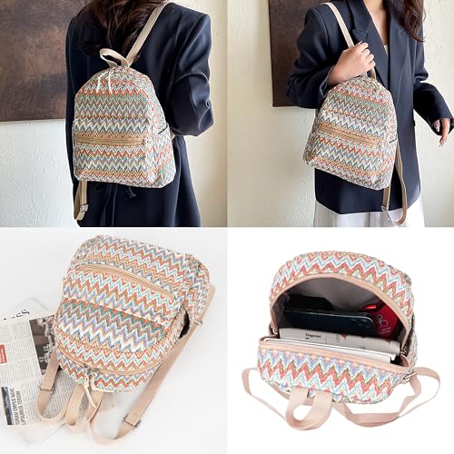 Meyaus Women Medium Straw Handmade Woven Backpack Casual Beach Daypack Shoulders Bag, Wave Pattern Orange, One Size, Daypack Backpacks
