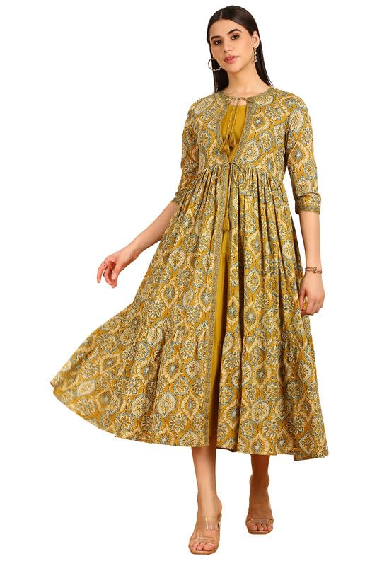 Soch Womens Mustard Tiered Cotton Dress with Jacket