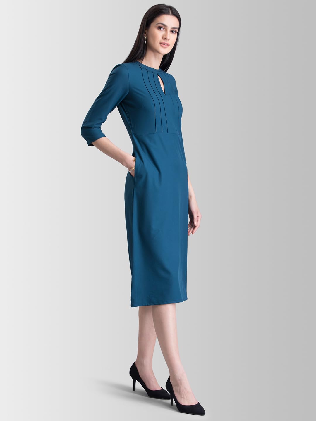 FableStreet Women's Polyester Stylised Neck Pintuck Midi Dress Teal