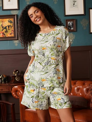 Clovia Women's Rayon Printed Top & Shorts Set (LS0533P11_Green_L)