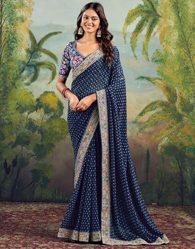 SIRIL Women's Georgette Bandhani Sequence Embroidery Saree With Unstitched Blouse Piece (4115S906_Blue)