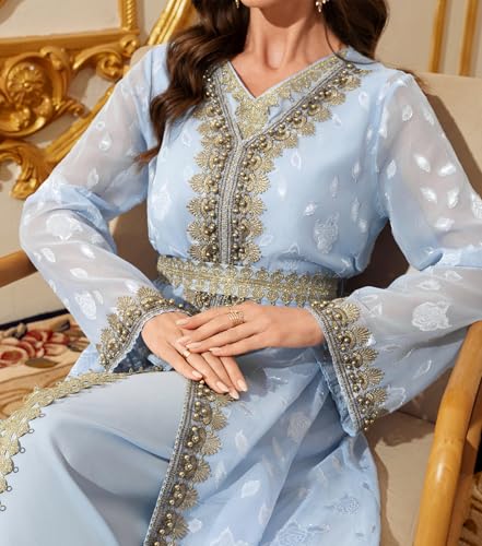Embroidery Abayas for Women Muslim Moroccan Floral Maxi Kaftan Dress Arabic Islamic Dubai Robe Ramadan Prayer Clothes, Light Blue, S