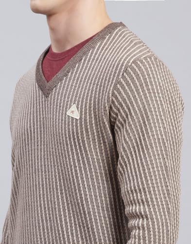 Monte Carlo Dark Brown Multi Self Design V Neck Pullover | Warm Woolen Pullover for Men | Soft Comfortable Knitted Winter Wear Sweater for Men's
