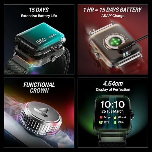 boAt New Launch Storm Infinity w/15 Days Extensive Battery fueled by Huge 550mAh Battery, Fast Charge, Sports Strap,1.83”(4.65cm)HD Display, Functional Crown Smart watch for Men & Women (Sports Black)