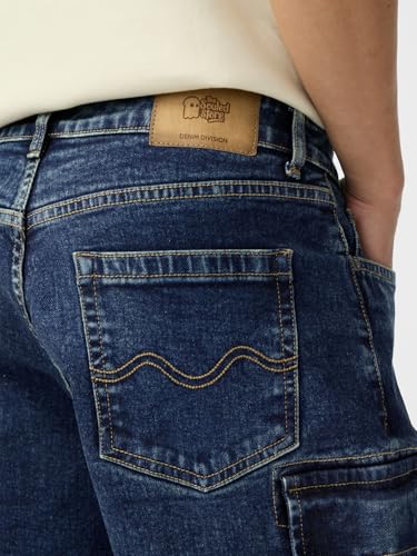 The Souled Store Denim: Ocean Blue Men and Boys Buttoned Solid Knee Length Cotton Blend Denim Shorts