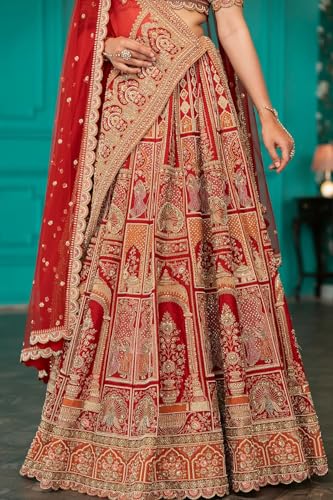 Women's Crimson Red Umbrella Style Silk Bridal Lehenga