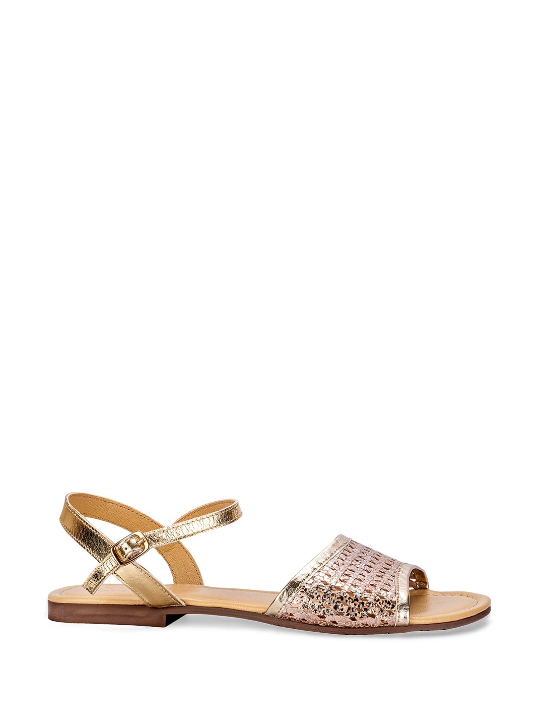 eske Cielle Women's Metallic Leather Flat Sandals with Ankle Strap | Buckle Closure | Cushioned Leather Insole | Glitter Embellished Party Wear Flats for Women