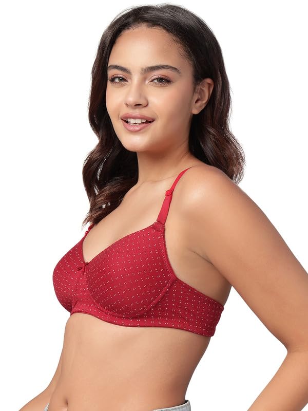 Clovia Women's Cotton Printed Padded Full Cup Wire Free T-Shirt Bra (BR1283P04_Red_34C)