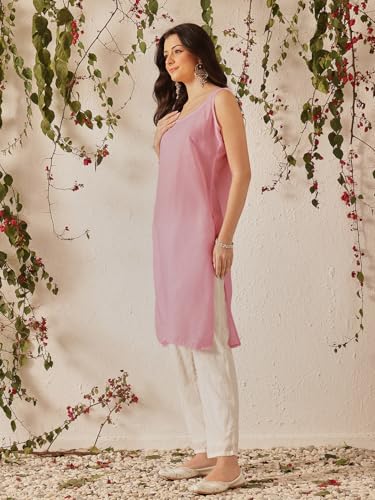 Ada Women's Hand Embroidered Chikankari Cotton Blend Kota Kurta Kurti with Slip A411213 Pink (S)