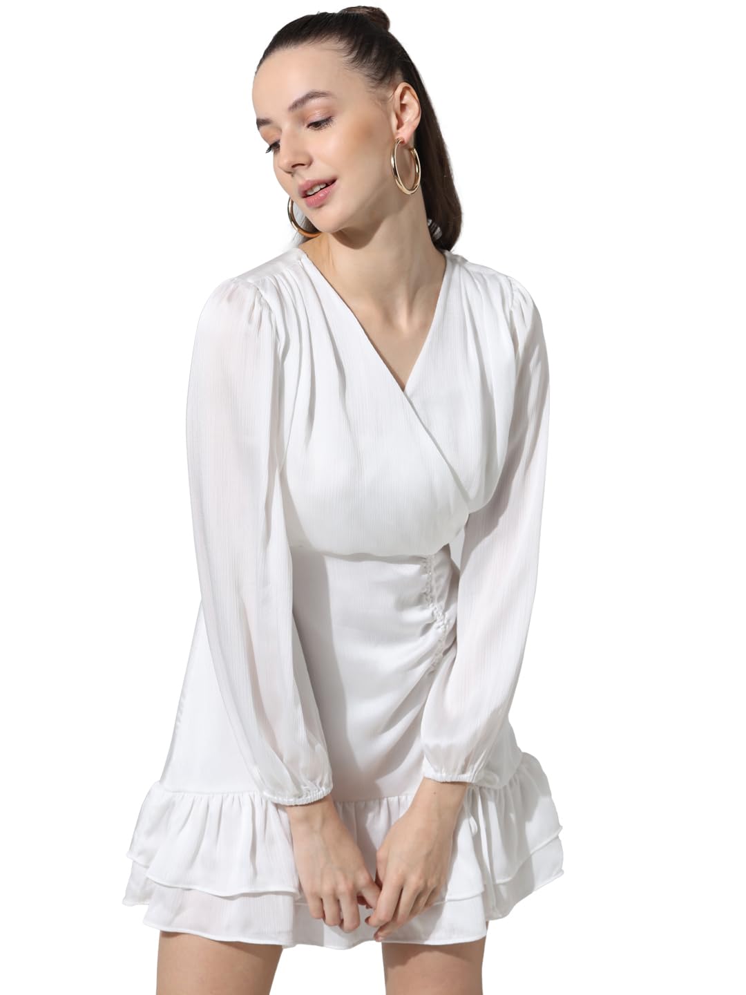 ONLY Women Solid Polyester Above Knee White Tiered Dress