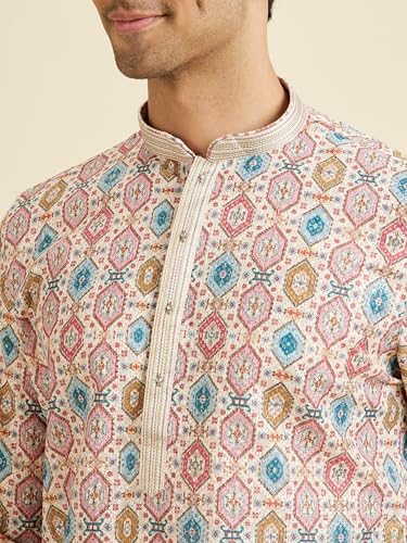 Manyavar Men's Cotton Blend Hexagon Printed Kurta Pyjama Set(Cream,S)