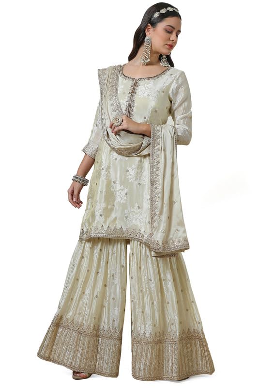 Soch Womens Cream Brocade Sharara Suit Set with Sequins