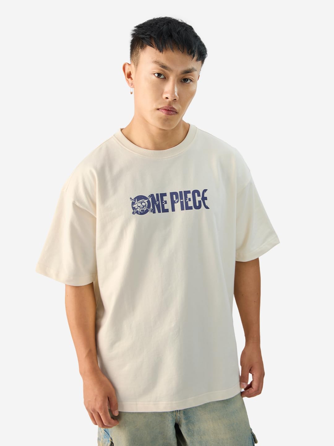 The Souled Store Official One Piece: Going Merry Men and Boys Short Sleeve Round Neck White Graphic Printed Cotton Oversized T-Shirts