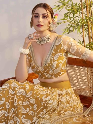 Zeel Clothing Women's Cotton Thread Sequins Work Embroidery Soft Net Lehenga Choli With Dupatta (NFH-2148-Light-Golden-Lehenga-Choli; Free size) (Light Golden)