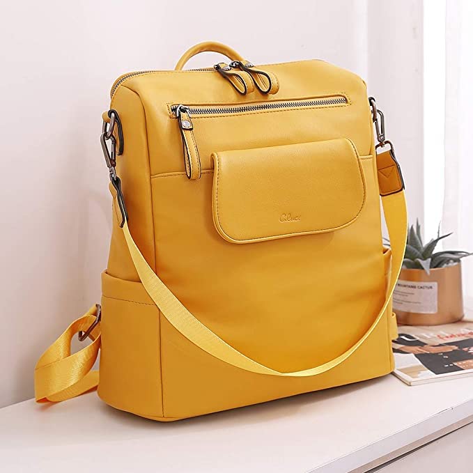ProArch Medium 27L Large Fashion Convertible Anti-theft backpack Purse for Women Convertible Travel Vintage PU Leather Shoulder Backpack (Yellow)
