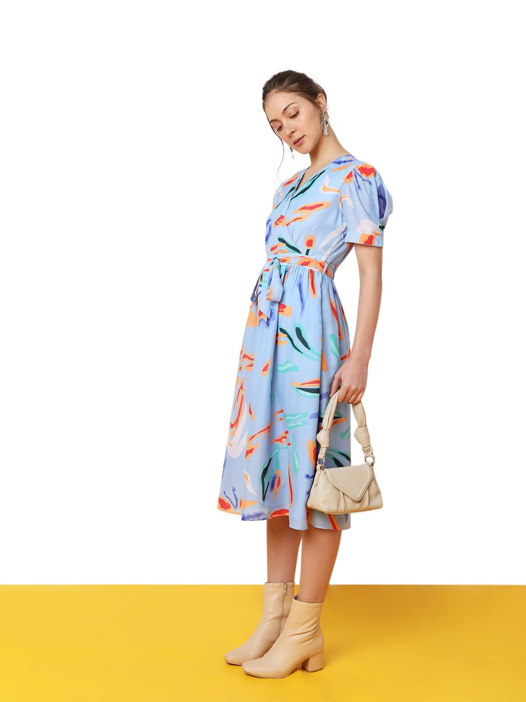 VERO MODA Women's Polyester A-Line Below The Knee Dress (299157801-Powder Blue_Powder M)